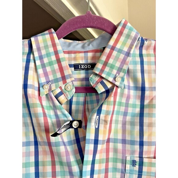 IZOD Men’s L Rainbow Plaid Shirt Button-Up Long Sleeve Multicolor NWT - Picture 2 of 12